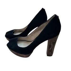 Michael Kors Size 8  Black Suede & Snake Print Peep Toe Platform Heels